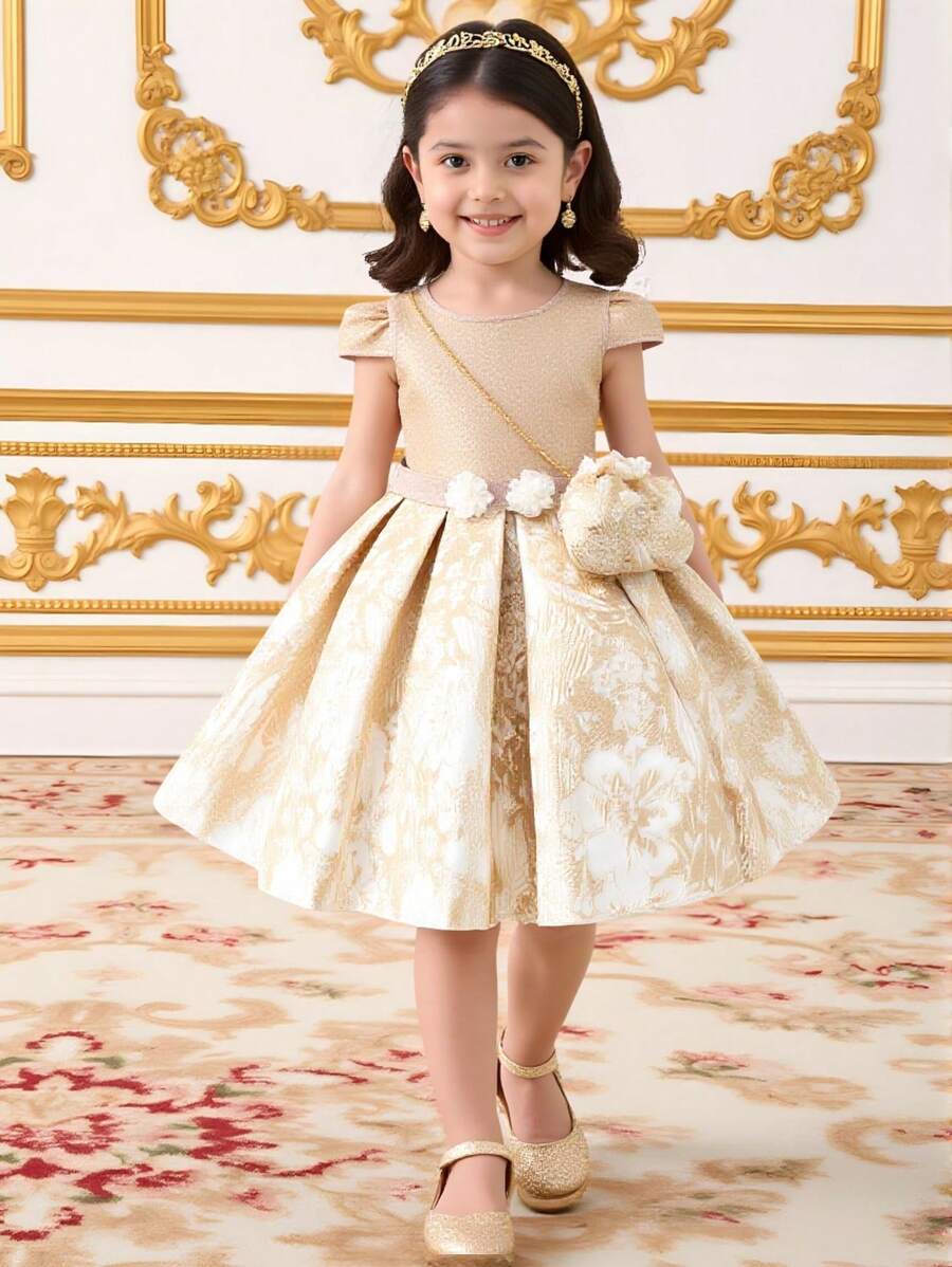 少女提花圆领短袖优雅时尚派对连衣裙 - 卡其色 - 查看 1
