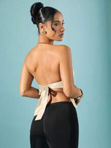 Hauture Satin Low Neck Backless Holiday New Year Party Top,Rave Top