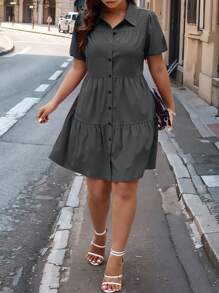 Calvaya Plus Size Summer Solid Color Button Front Puff Sleeve Dress - Dark Grey - View 3