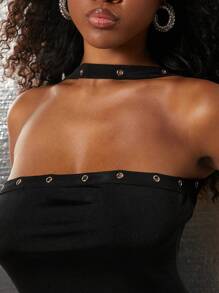 SHEIN Unity Robe sans manches moulante avec œillets, fente haute croisée, robe longue pour événements d'été, festivals de musique, concerts. Longueur midi pour l'automne, l'été, Thanksgiving, Noël, Nouvel An. Tenues pour femmes - Noir - Voir 4
