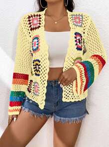 Flirla Cárdigan de punto con crochet y estampado floral para mujer de talla grande