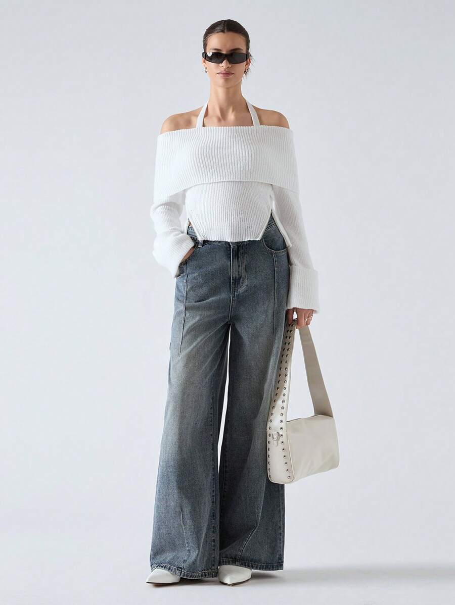 LYSMO 女士纯色露肩长袖侧拉链设计挂脖休闲毛衣，秋冬