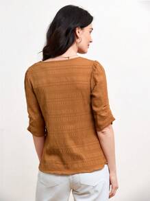 Miaspire Mulheres verão casual cor sólida texturizada plissada Camisa - Castanho - Visão 2