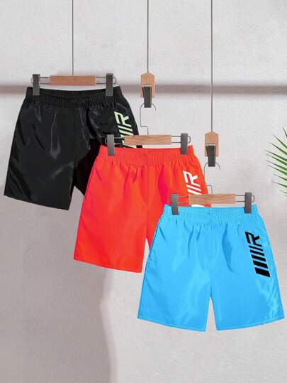 SHEIN 3 件套 Tween 男童休闲字母印花短裤、泳装套装，适合海滩、游泳、冲浪