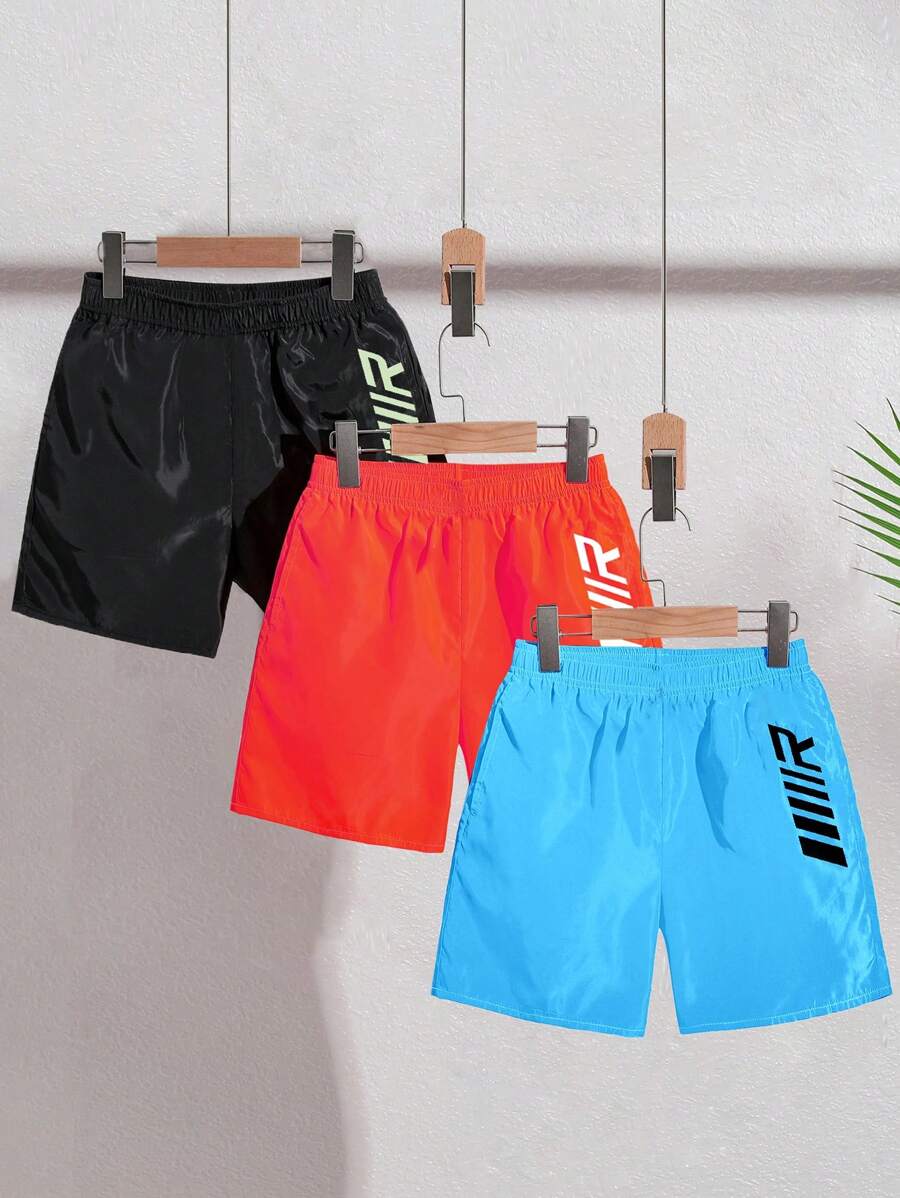 Set de 3 piezas de pantalones cortos casuales con estampado de letras para niños preadolescentes, conjunto de traje de baño para playa, natación y surf - Multicolor - Ver 1