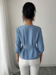 Elenzga Camisa elegante con mangas de farol atada al frente y en la cintura - Azul - Ver 2