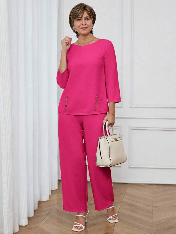 Miaspire 2pcs Women Casual Commute Solid Color Shirt And Pants Set,Summer Sets