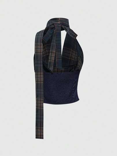Top estilo tanque con cintura ceñida, cuello drapeado y acento de bufanda a cuadros, estilo moderno Y2K sexy