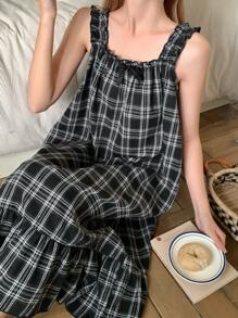 DAZY 格子荷叶边吊带睡袍，带蝴蝶结装饰，返校服睡衣 - 黑色 - 查看 3