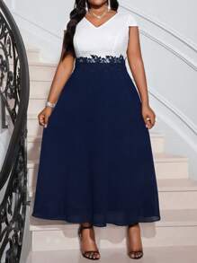 SHEIN Lady Spring And Summer Elegant Commuting Office Colorful Knitted V Neck Flared Exaggerated Ruffle Long Short Sleeve Plus Size Dresses Festival Outfits Office Outfits For Women Business Casual Woman Summer Dresses Summer Outfits For Women Summer Dresses For Women - Multicolor - View 7