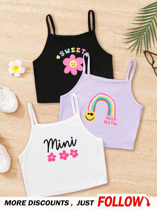 SHEIN Set di 3 top a canotta con stampa arcobaleno e fiori carini da ragazza (nero, bianco e viola), casual e semplice, adatto per l'estate