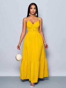 SOLERSUN 女士浪漫橙色海滩度假 V 领褶皱露背 A 字形吊带长裙，适合春夏夏威夷