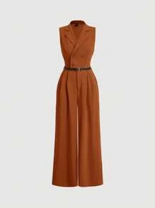 SHEIN MOD Plus Size Women's Jumpsuit With Blazer Collar, Rusty Brown Color, Elegant - Rust Brown - View 1