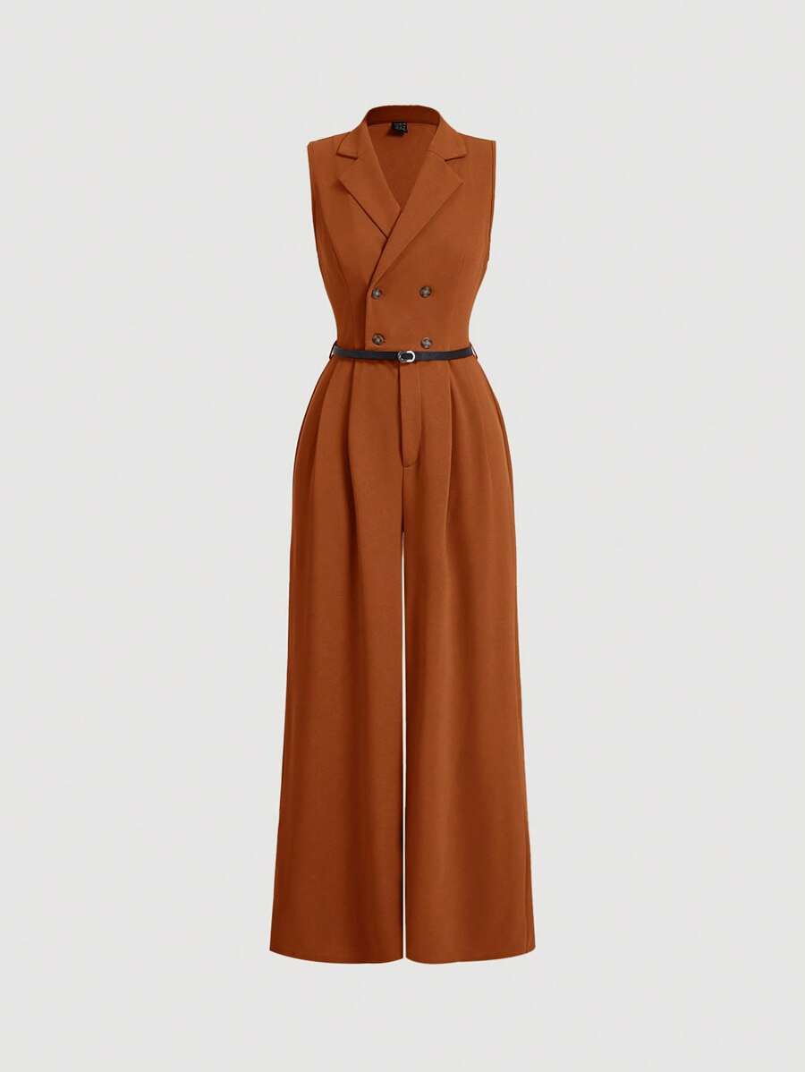 SHEIN MOD Plus Size Women's Jumpsuit With Blazer Collar, Rusty Brown Color, Elegant - Rust Brown - View 1