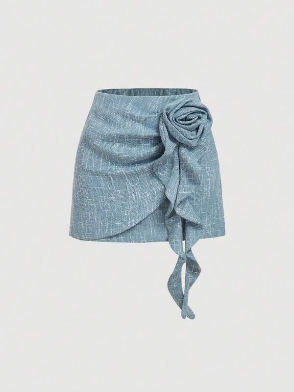 SHEIN MOD Women's A-Line Tweed Skirt ,3D Flower & Ruffle Hem, Blue,Bottoms Women,Ruffle Skirt,Short Skirt,Winter Skirt,Skirt Women,New Years Women Outfit,Nye Outfit Women,Valentine Clothes Women