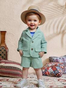 SHEIN 2pcs/Set Infant Boys/Girls Sage Green Summer Casual Long Sleeve Suit Jacket & Shorts Set,Gentleman Outfit,Wedding Guest,Christening,1st Birthday Party - Green - View 12