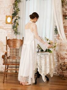 Côtesoire 蕾丝边性感缎面女士节日睡衣套装 - 白色 - 查看 2