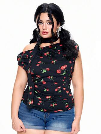 Kawaii Große Größen Sommer Mode Kirschprint asymmetrischer Ausschnitt gerüschtes anliegendes T-Shirt
