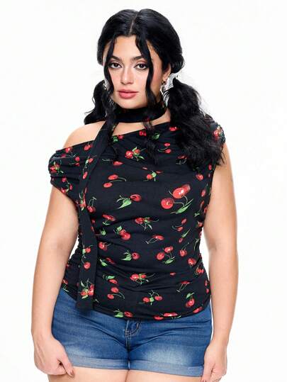 Kawaii Große Größen Sommer Mode Kirschprint asymmetrischer Ausschnitt gerüschtes anliegendes T-Shirt