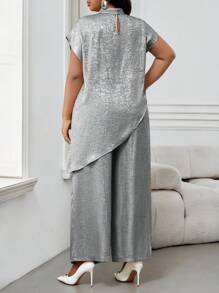 SHEIN Lady Two Pieces Women's Suit Summer Two Pieces Casual And Elegant Women's White Woven Stand-Up Collar Elegant Layered Women's Suit Fashionable Women's Two Pieces Suit Women's Casual Plus Size Matching Summer Tops Lounge Sets For Women Spring Outfits For Women - Light Grey - View 2