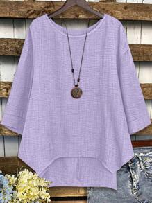 Blusa ampia casual da donna taglie forti, a tinta unita, con collo rotondo e spalle scoperte