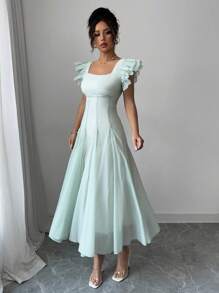 Elenzga Vestido elegante de mujer de manga corta y dos capas con cuello cuadrado, pliegues en la cintura, falda evasé y bajo midi en color verde pálido