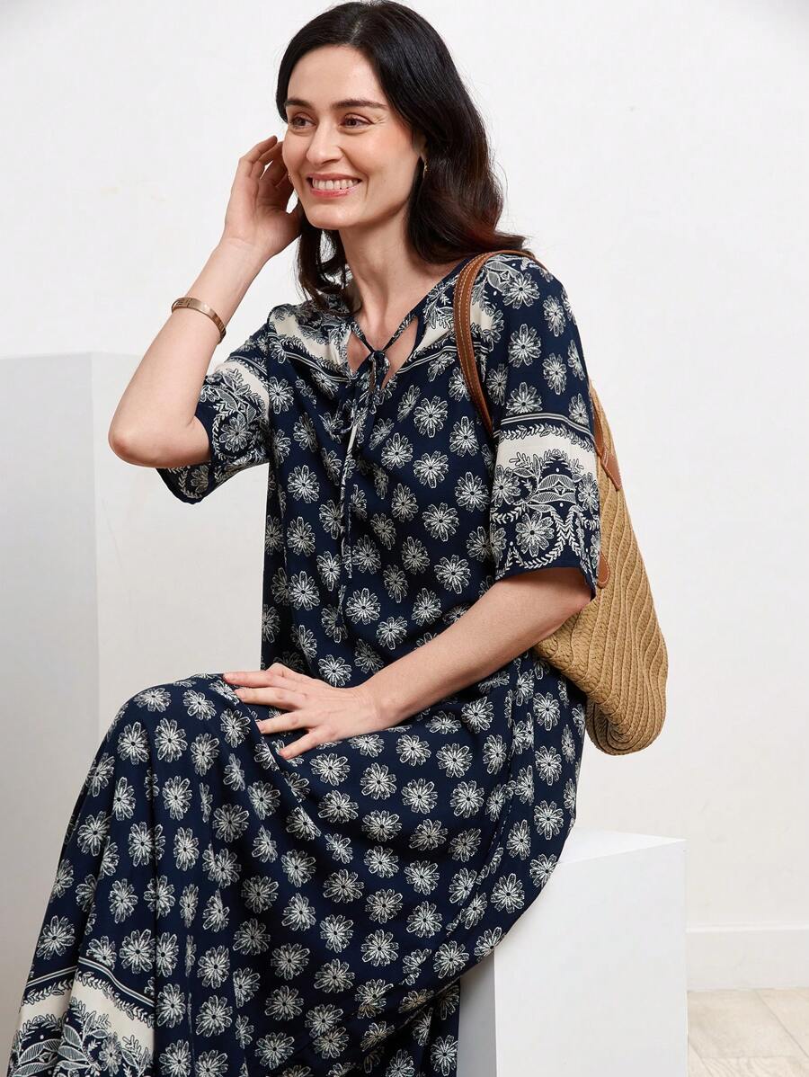 Miaspire Tie Neck Allover Floral Print Dress Casual Outfit For Women Spring Summer - Blue and White - View 1