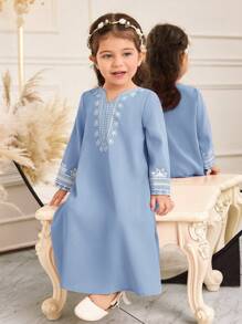 SHEIN Baby Girl Loose Casual Minimalist Long Sleeve Print Long Dress - Blue - View 1