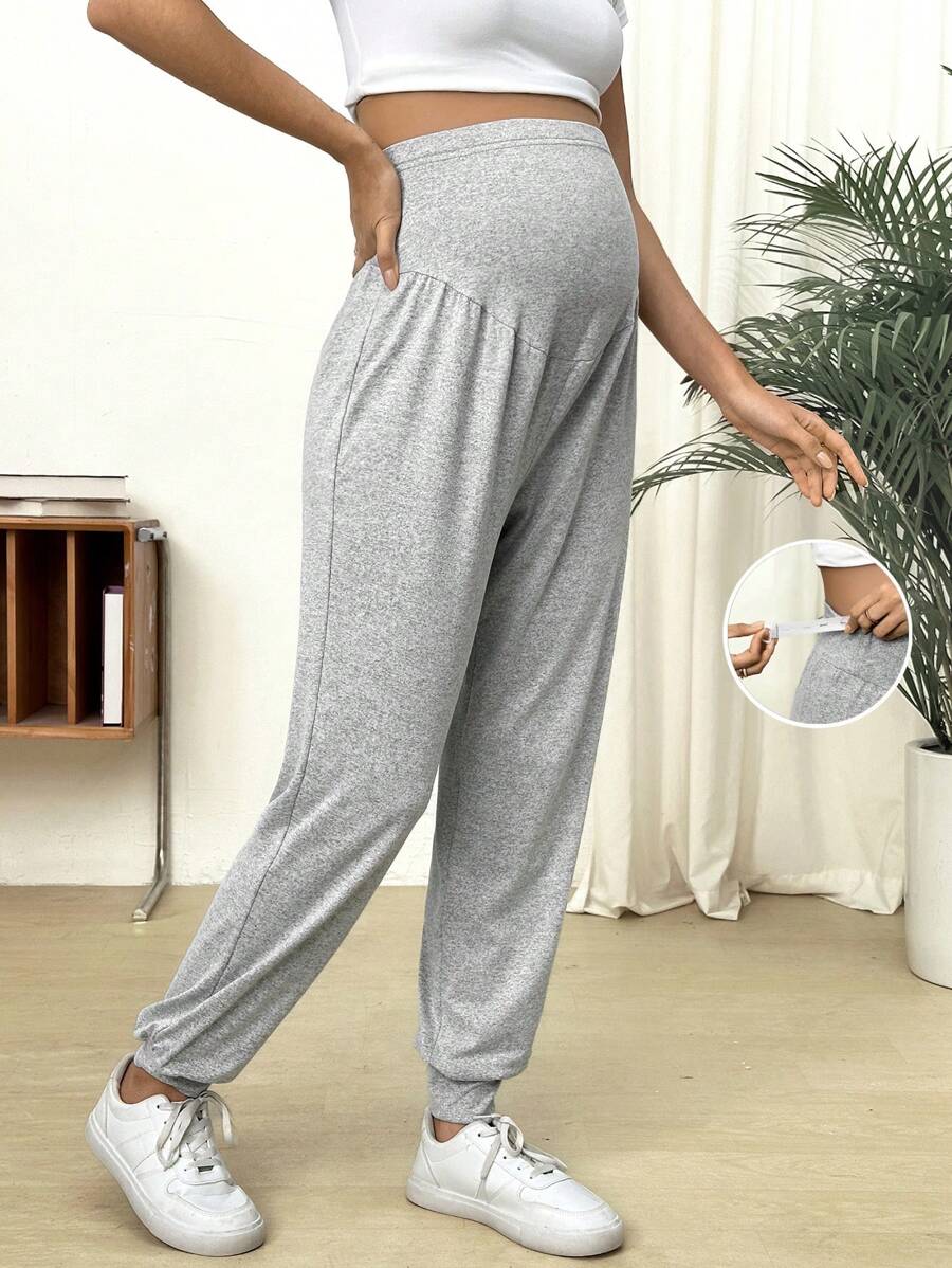 SHEIN Long Maternity Solid Color Adjustable Waist Casual Pants - Grey - View 1