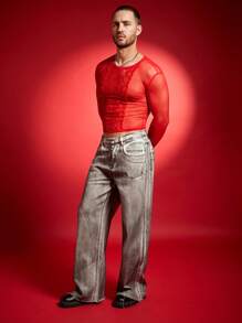 FeverCity Men's Sexy Lace Patchwork Sheer Crop Top T-Shirt - Red - View 4