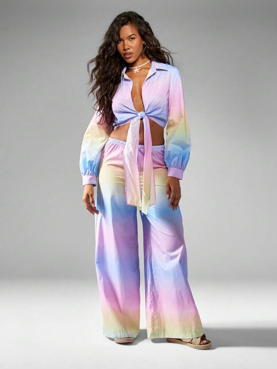 MISSGUIDED طقم قميص بياقة أمامية مربوطة ذو ألوان قوس باللون الباستيل الداكن وبنطلون ذو ساق واسعة، مجموعة ملابس مترابطة مناسبة للمناسبات والأعياد الصيفية والشاطئ ومناسبات الخروج - متعدد الألوان - مشاهدة 1