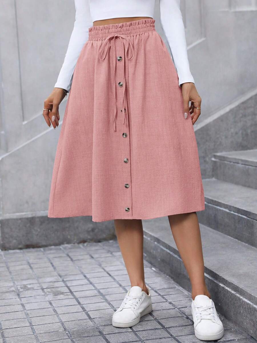 SHEIN LUNE Plus Size Women Blue Denim Effect Ruffle Hem Midi Length Loose Fit Skirt, Autumn - Pink - View 1