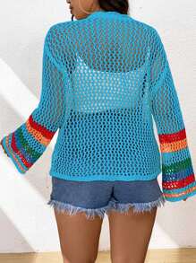 Flirla 大码女式花卉钩针开衫 - 藍色 - 查看 2