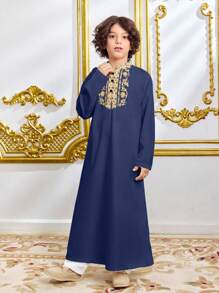 Tween Boy Gold Floral Print Long Sleeve Long Dress Shirt