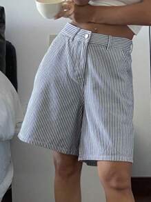 DAZY 女士条纹宽松直腿中长牛仔短裤