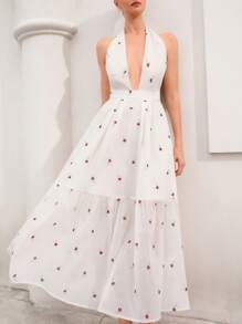Femmeiva Women's Elegant Romantic Rose Embroidered Deep V-Neck Backless Tie-Up Waisted Dress Boho Vacation Fashionable Style All Over Print For Summer - White - View 6