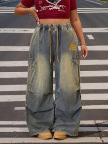 SHEIN ICON 大码女式工装口袋宽松阔腿牛仔裤 - 藍色 - 查看 1