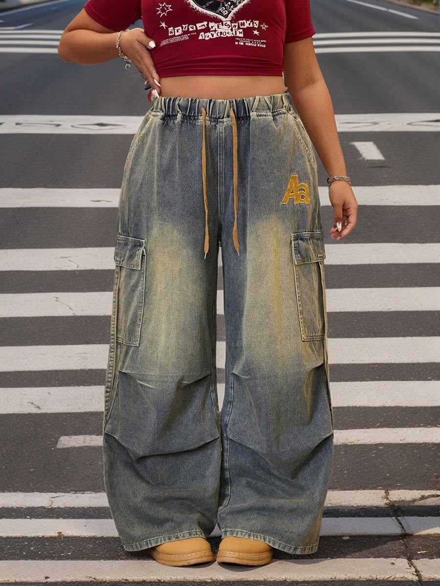 SHEIN ICON 大码女式工装口袋宽松阔腿牛仔裤 - 藍色 - 查看 1