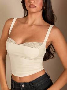 SHEIN BAE 黑色性感蕾丝拼布不对称下摆吊带背心，休闲日常穿着，适合日常、约会、度假和聚会