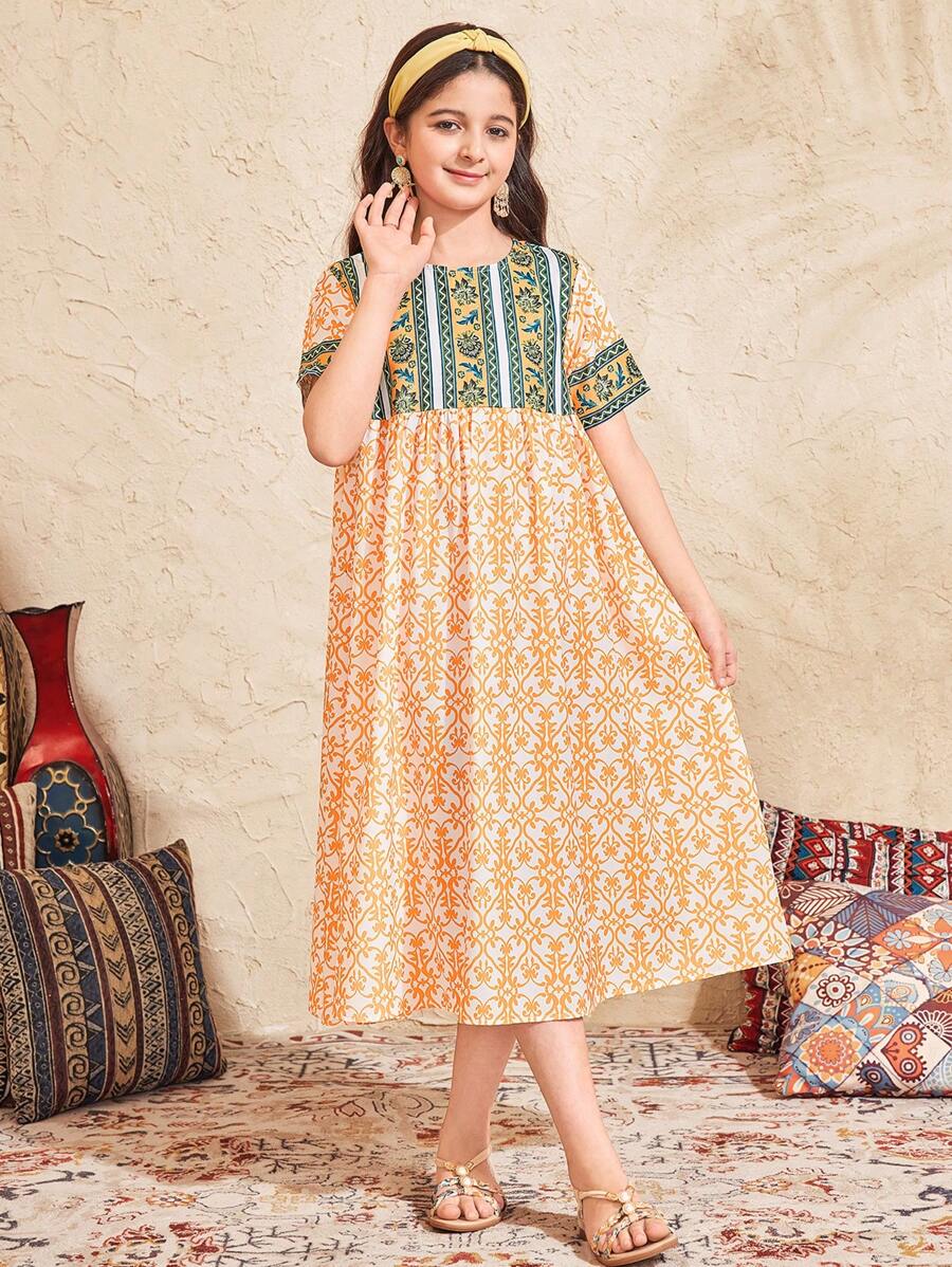 SHEIN Tween Girls Patchwork Round Neck Short Sleeve Dress - White - View 1