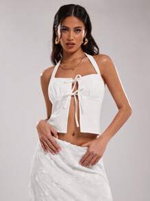 SHEIN BAE Women Elegant Summer White Seksi Chic Vacation Casual Solid Color Tie Front Camisole, Comfortable Top For Wedding,Brunch,Graduation & Parties - White - View 6