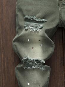 SHEIN Tween Boy 黑色仿旧油漆飞溅弹性紧身牛仔裤 - 軍綠色 - 查看 5