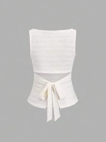 Sweetra Women's Plain Color Ruffle Edge Crew Neck Casual Tank Top White - Beige - View 2