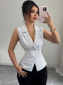 Elenzga Women's Striped Cinched Waist Ruffle Hem Blouse - Black and White - View 1