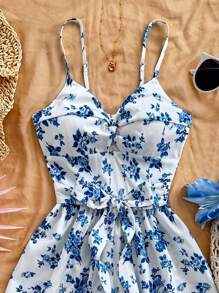 Soleia Combinaison large à jambes large avec imprimé floral romantique, à croisillon devant noué et froncé. Convient pour les vacances