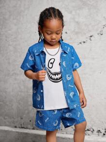 SHEIN 2pcs/Set Young Boy Casual School Short Sleeve Shirt + Printed T-Shirt + Shorts, Suitable For Sports, Outdoors, School, Spring/Summer Seasons - Blue - View 6
