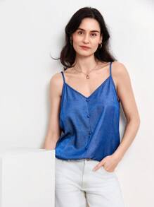 SHEIN LUNE 素色紐扣細節吊帶上衣 - 藍色 - 查看 4