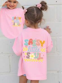 SHEIN Playful Pals Baby Girl Casual Fashion Comfortable Minimalist Checkerboard & Floral Letter Print Short Sleeve T-Shirt, Spring/Summer