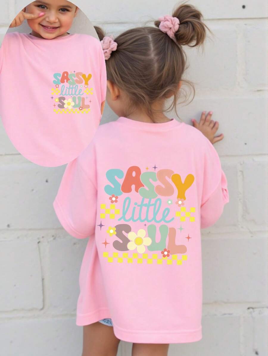 SHEIN Playful Pals Baby Girl Casual Fashion Comfortable Minimalist Checkerboard & Floral Letter Print Short Sleeve T-Shirt, Spring/Summer