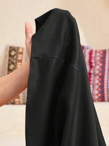 SHEIN Tween 女童休闲度假几何印花亮片流苏蕾丝边喇叭袖中长 A 字宽松连衣裙 - 黑色 - 查看 7